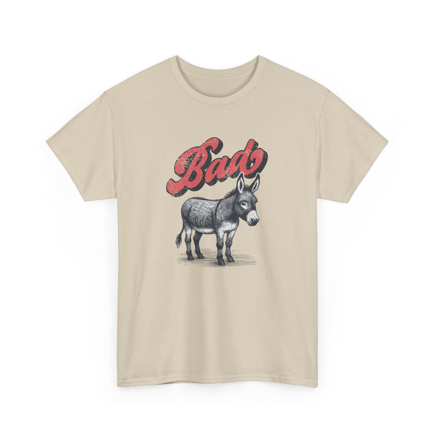 Front view of a beige T-shirt featuring the word "Bad" in red text above a detailed donkey illustration, implying "Bad Ass." Part of the Vivid Divergence Sensory Friendly Unisex Tees Range.