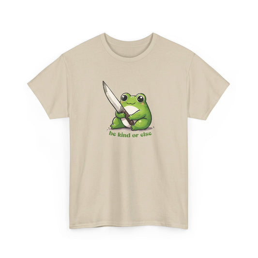 Front view of a beige T-shirt featuring a green frog holding a knife with the text "Be Kind or Else." Part of the Vivid Divergence Sensory Friendly Unisex Tees Range.