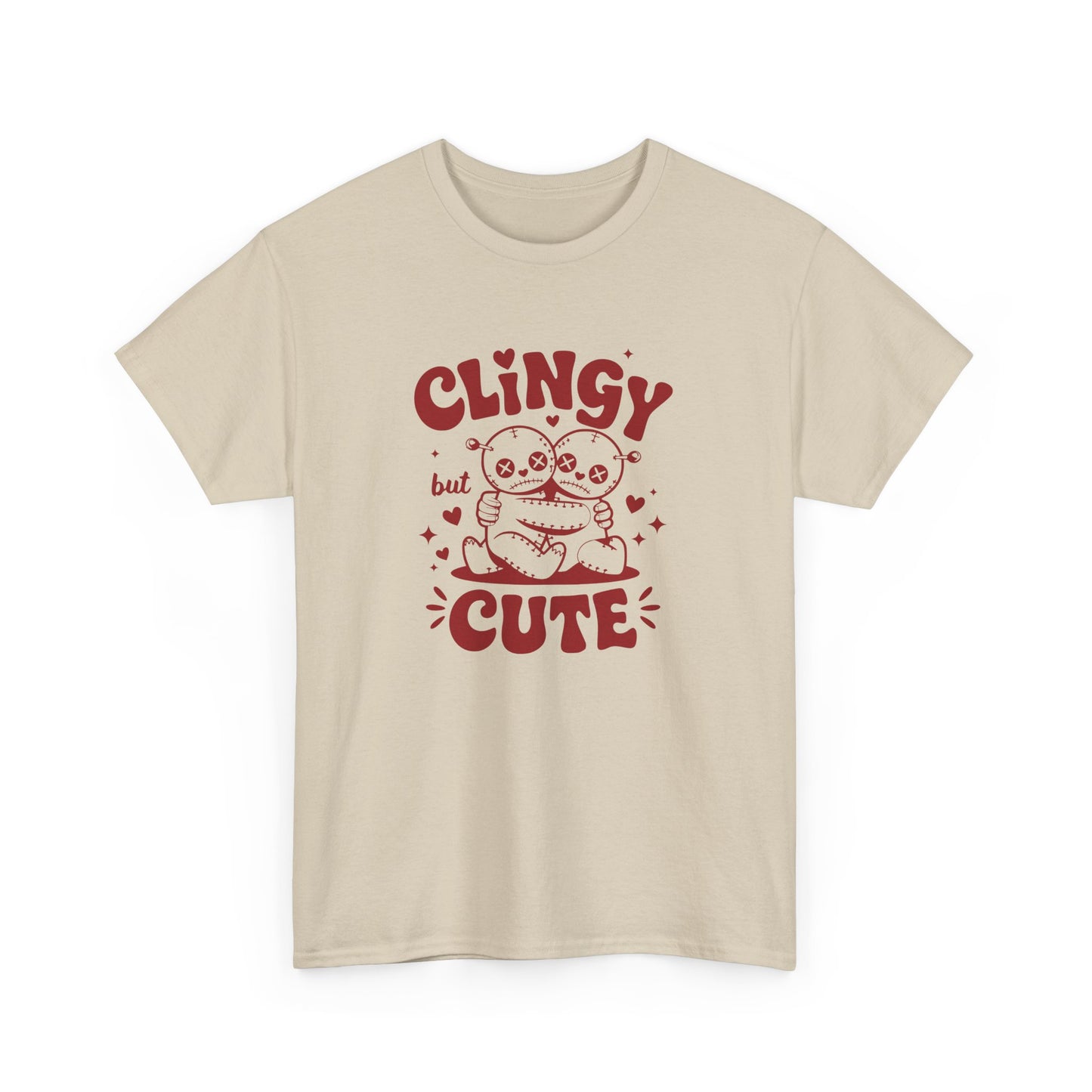 Front view of a beige T-shirt with red text and cartoon sloth illustration that reads "Clingy But Cute." Exclusive release for Valentine’s Day. Part of the Vivid Divergence Sensory Friendly Unisex Tees Range.