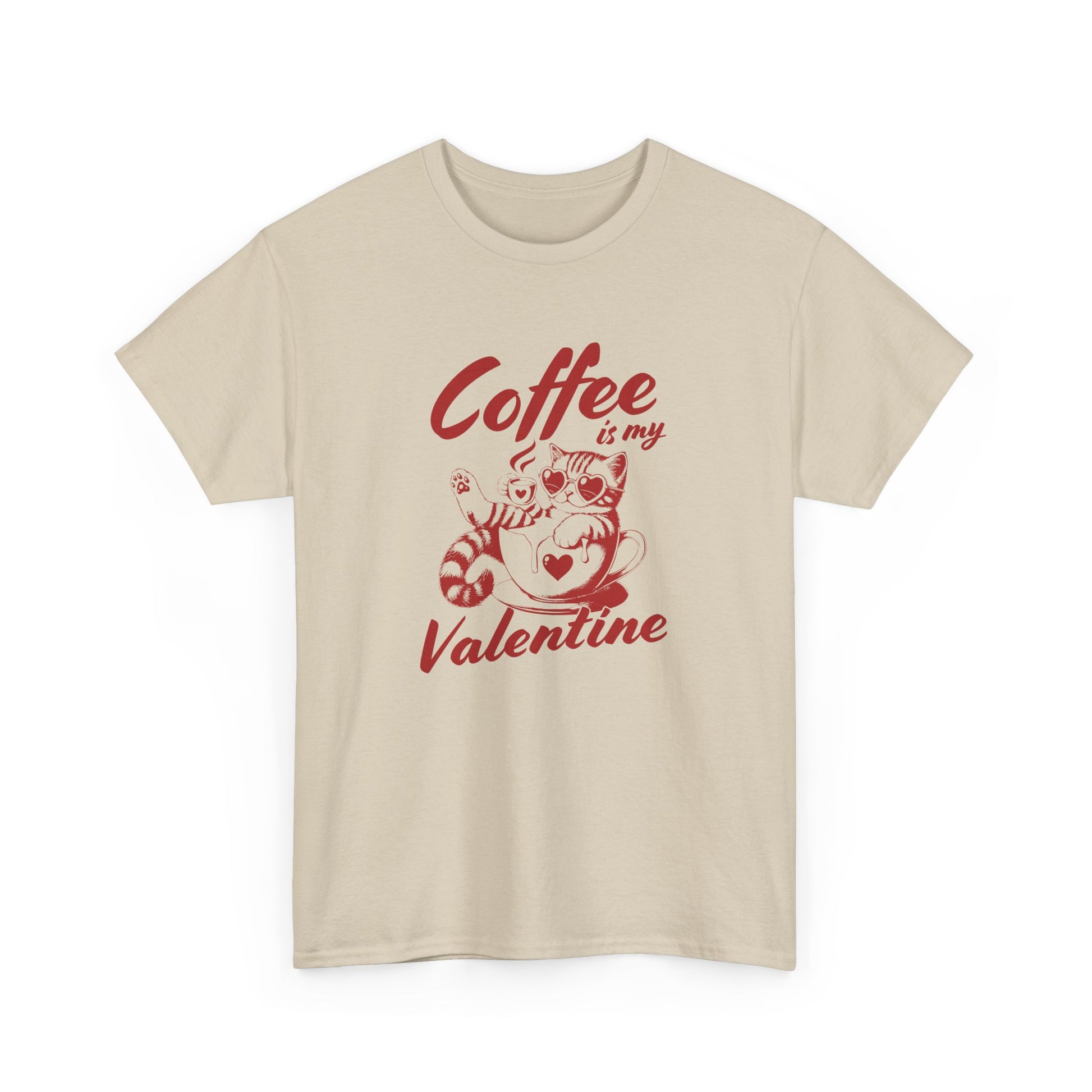 Front view of a beige T-shirt with red text and cat illustration holding a coffee cup that reads "Coffee Is My Valentine." Exclusive release for Valentine’s Day. Part of the Vivid Divergence Sensory Friendly Unisex Tees Range.