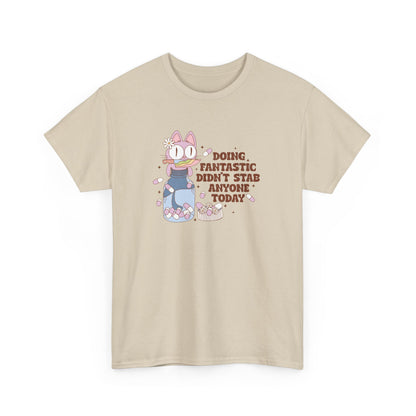 Front view of a beige T-shirt featuring a cartoon character with the text "Doing Fantastic, Didn't Stab Anyone Today." Part of the Vivid Divergence Sensory Friendly Unisex Tees Range.