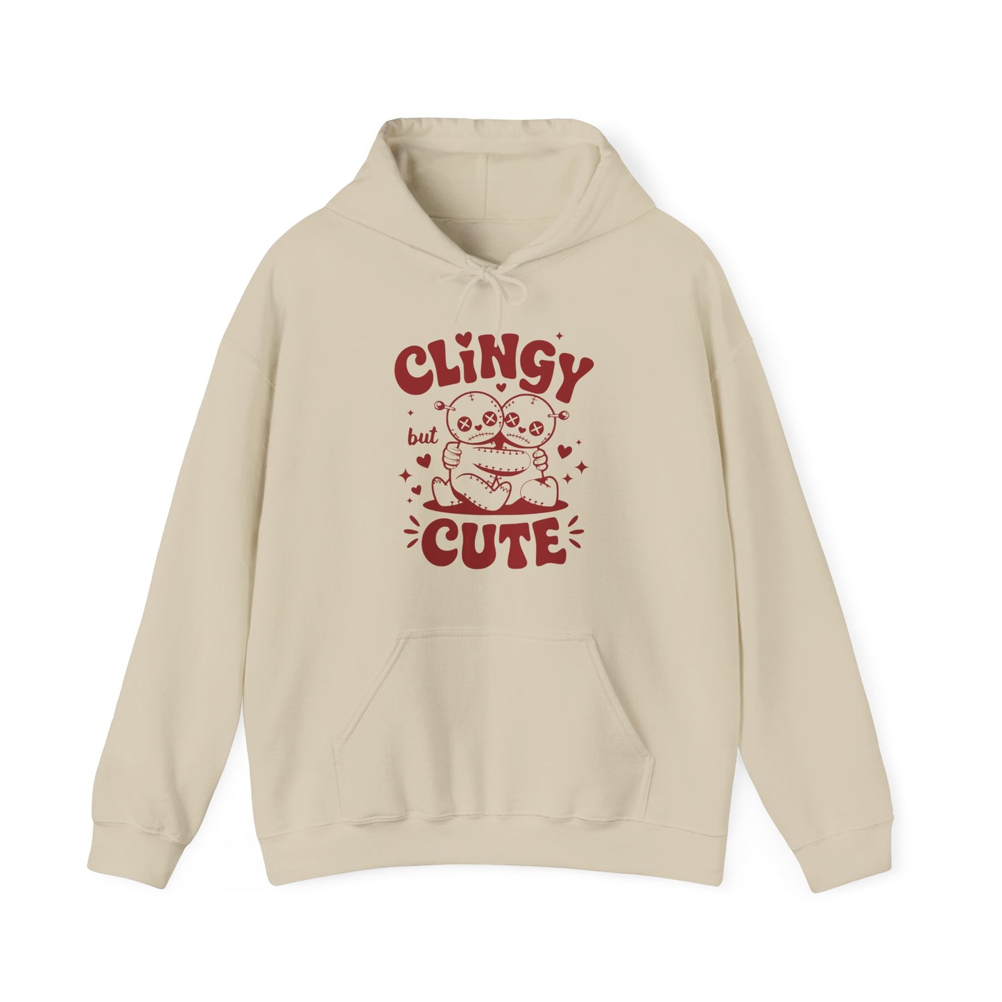 Front view of a beige hoodie with "Clingy but Cute" text and a cute voodoo doll design in red. Exclusive release for Valentine's Day. Part of the Vivid Divergence Sensory Friendly Sweaters Range. 