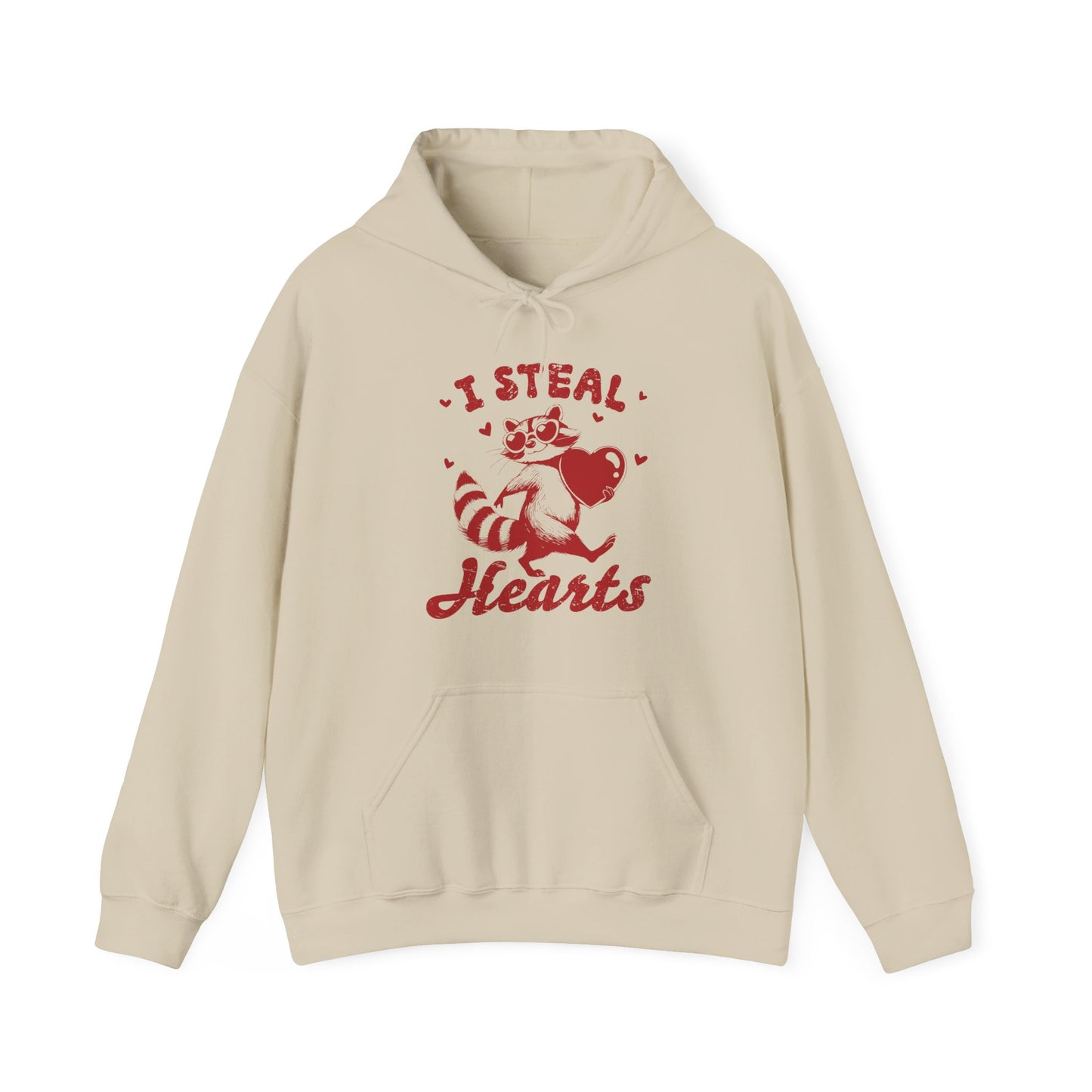 Front view of a beige hoodie with "I Steal Hearts" text and a cute red Cupid design holding a bow and arrow. Exclusive release for Valentine's Day. Part of the Vivid Divergence Sensory Friendly Sweaters Range.