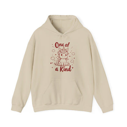 Front view of a beige hoodie featuring "One of a Kind" text and a cute unicorn design in red. Exclusive release for Valentine's Day. Part of the Vivid Divergence Sensory Friendly Sweaters Range.