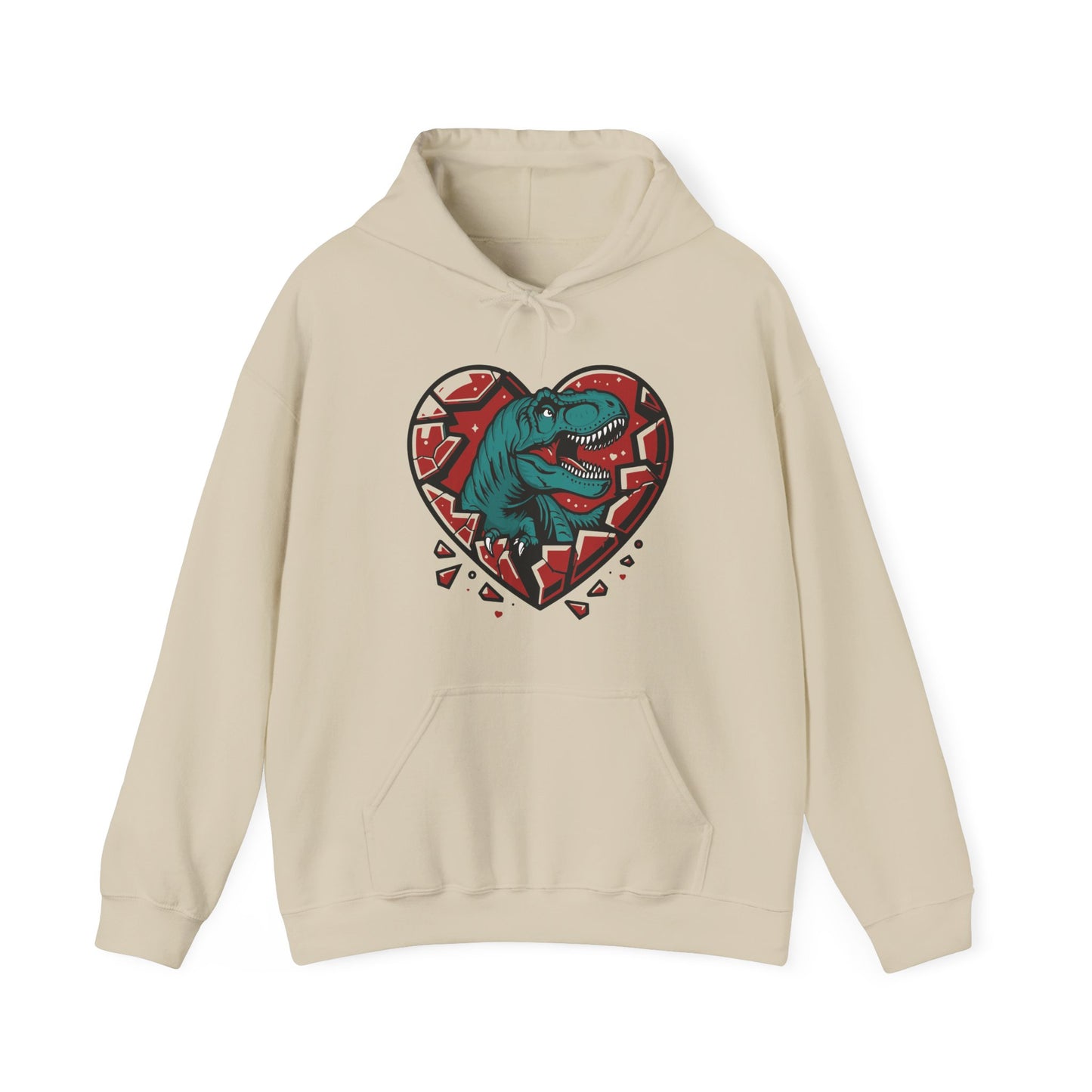 Front view of a beige hoodie with a shattered heart design featuring a T-Rex emerging from the center in vibrant teal and red tones. Exclusive release for Valentine's Day. Part of the Vivid Divergence Sensory Friendly Sweaters Range.
Image Name: 