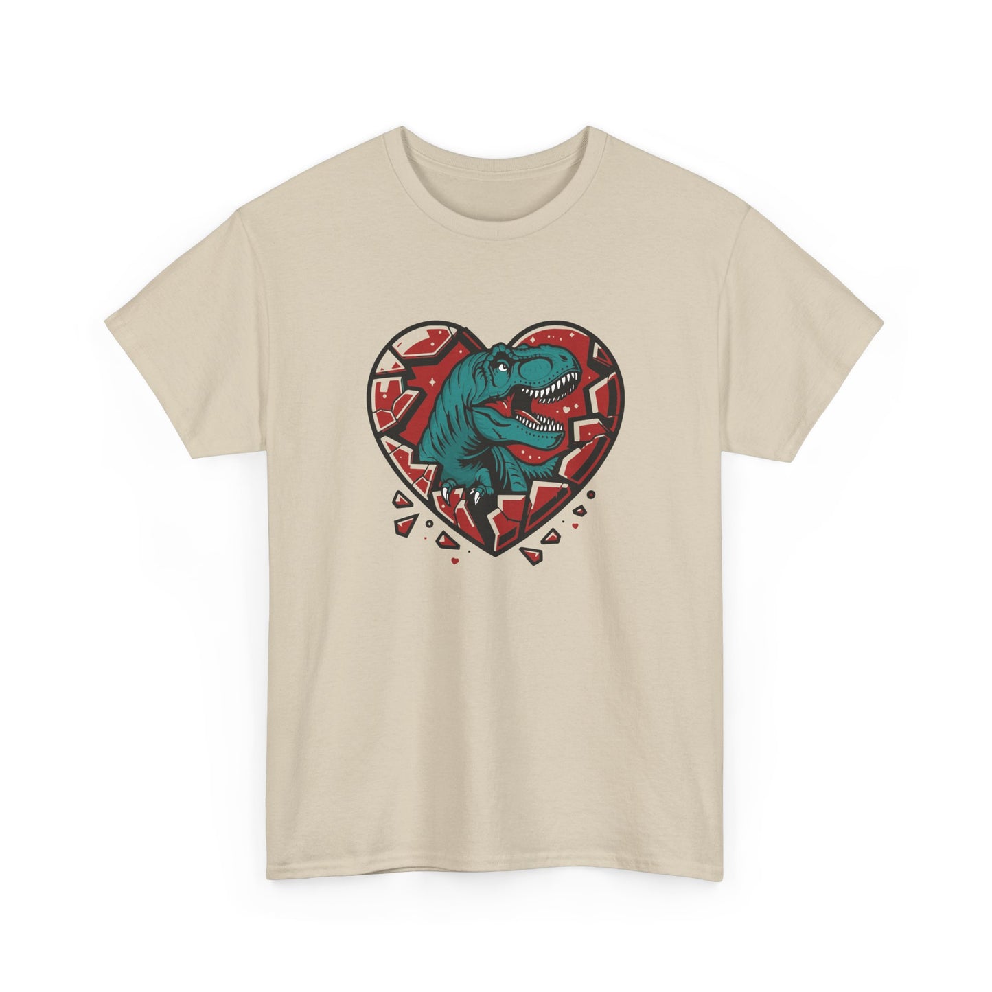 Front view of a beige T-shirt featuring a green dinosaur inside a cracked red heart with small black hearts around it. Exclusive release for Valentine’s Day. Part of the Vivid Divergence Sensory Friendly Unisex Tees Range.