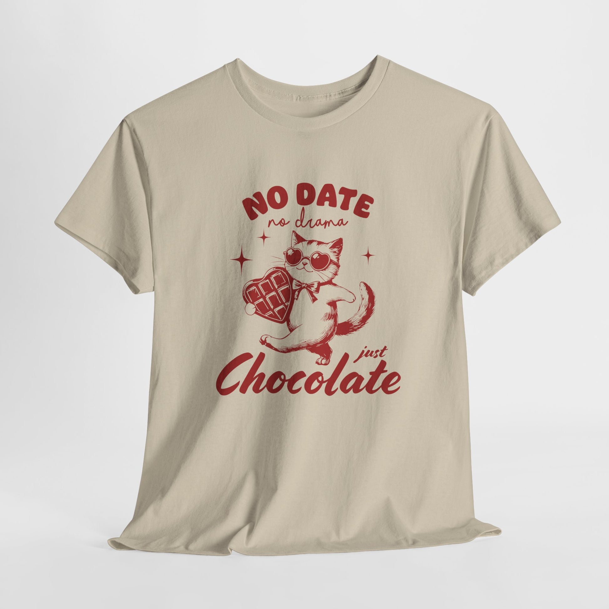 Hanging view of a beige T-shirt with "No Date No Dramas Just Chocolate" text and a cat holding chocolate. Exclusive release for Valentine's Day. Part of the Vivid Divergence Sensory Friendly Unisex Tees Range.