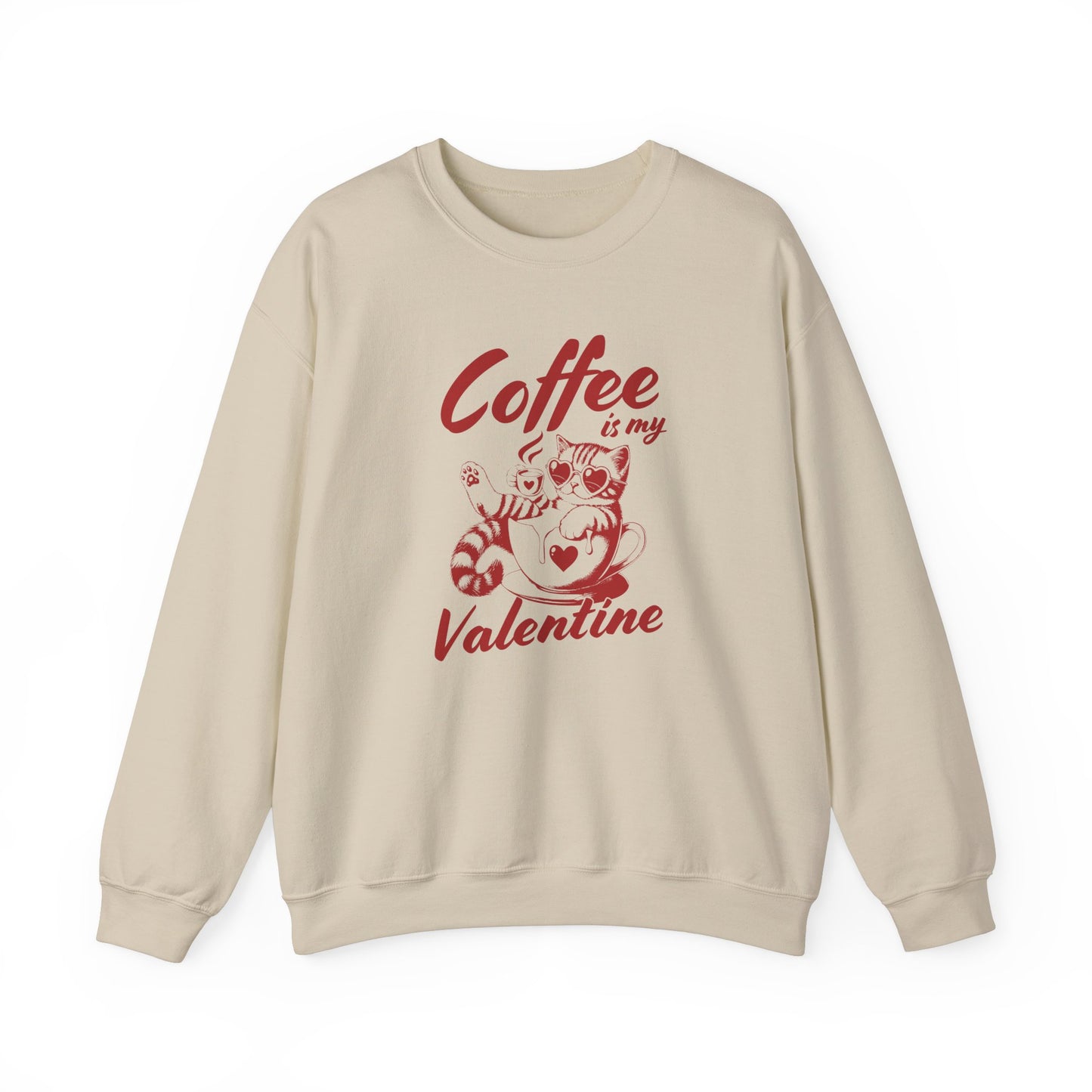 Front view of a beige sweatshirt with "Coffee is My Valentine" text and coffee cup design in red. Exclusive release for Valentine's Day. Part of the Vivid Divergence Sensory Friendly Sweaters Range.