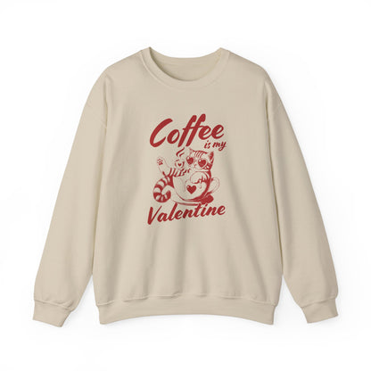 Front view of a beige sweatshirt with "Coffee is My Valentine" text and coffee cup design in red. Exclusive release for Valentine's Day. Part of the Vivid Divergence Sensory Friendly Sweaters Range.