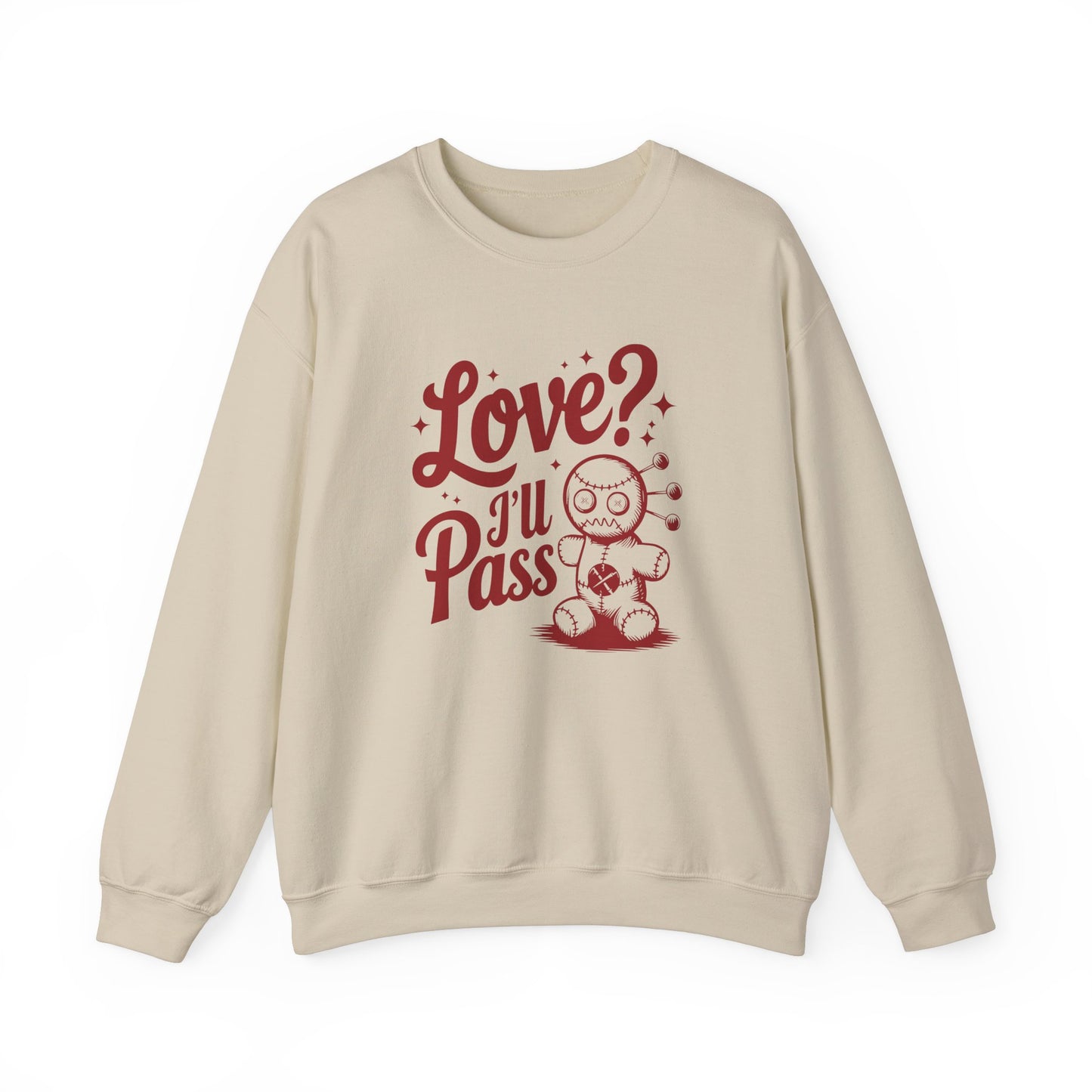 Front view of a beige sweatshirt with "Love? I'll Pass" text and a cute voodoo doll design in red. Exclusive release for Valentine's Day. Part of the Vivid Divergence Sensory Friendly Sweaters Range.