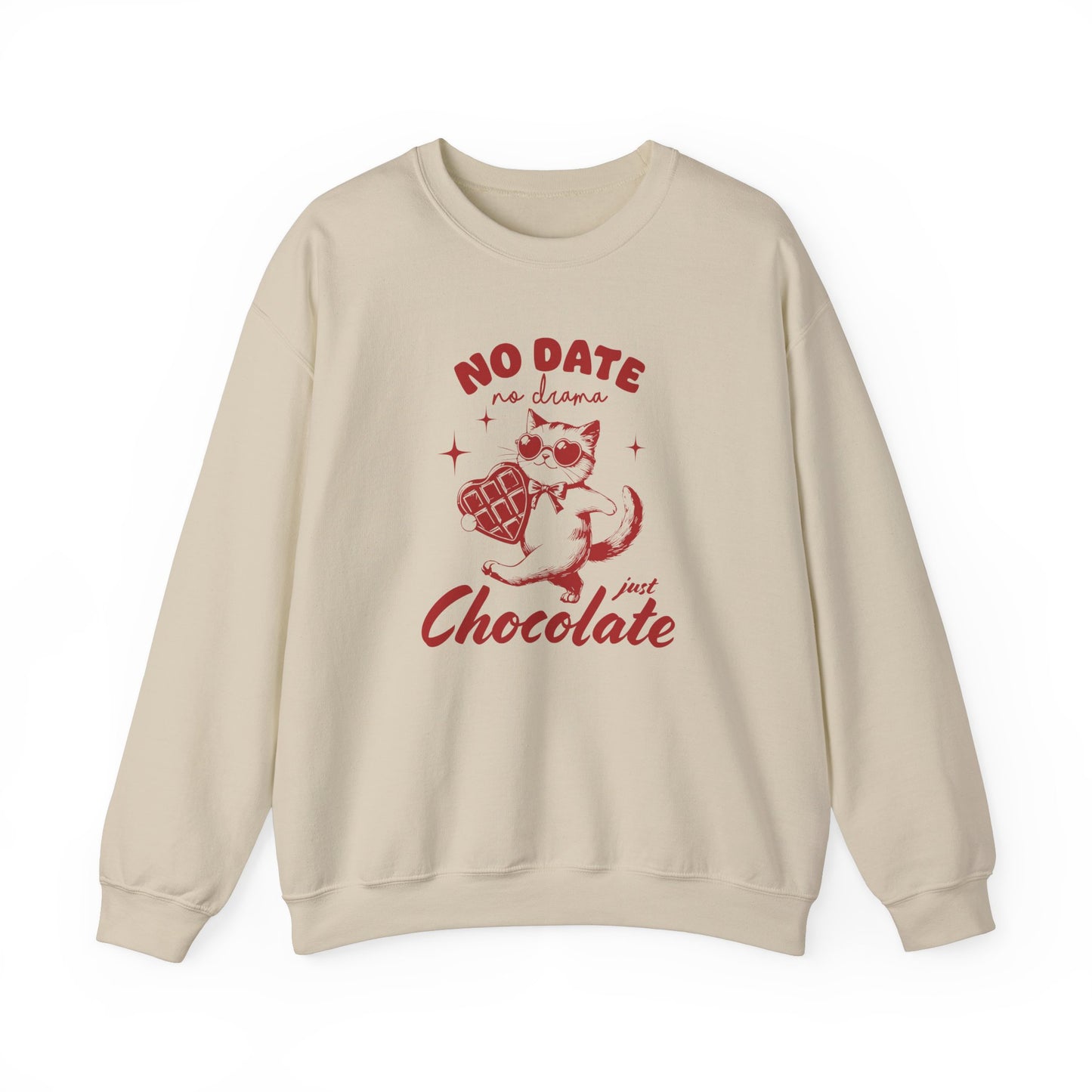 Front view of a beige sweatshirt with "No Date, Just Chocolate" text and cute cartoon chocolate design in red. Exclusive release for Valentine's Day. Part of the Vivid Divergence Sensory Friendly Sweaters Range.