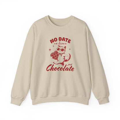 Front view of a beige sweatshirt with "No Date, Just Chocolate" text and cute cartoon chocolate design in red. Exclusive release for Valentine's Day. Part of the Vivid Divergence Sensory Friendly Sweaters Range.