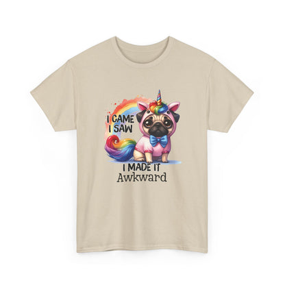 Front view of a beige T-shirt featuring a colorful unicorn pug design with the text "I Came, I Saw, I Made It Awkward." Part of the Vivid Divergence Sensory Friendly Unisex Tees Range.