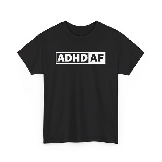 Front view of a black T-shirt with bold "ADHD AF" text. Part of the Vivid Divergence Sensory Friendly Unisex Tees Range.