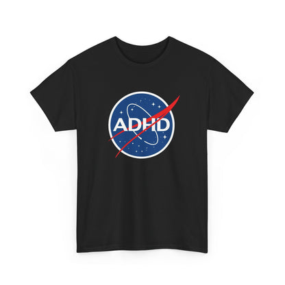 Front view of a black ADHD NASA parody T-shirt on a plain background. Part of the Vivid Divergence Sensory Friendly Unisex Tees Range.