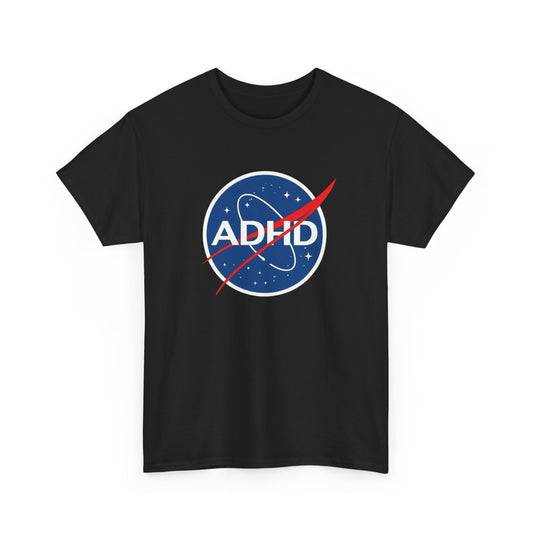 Front view of a black ADHD NASA parody T-shirt on a plain background. Part of the Vivid Divergence Sensory Friendly Unisex Tees Range.