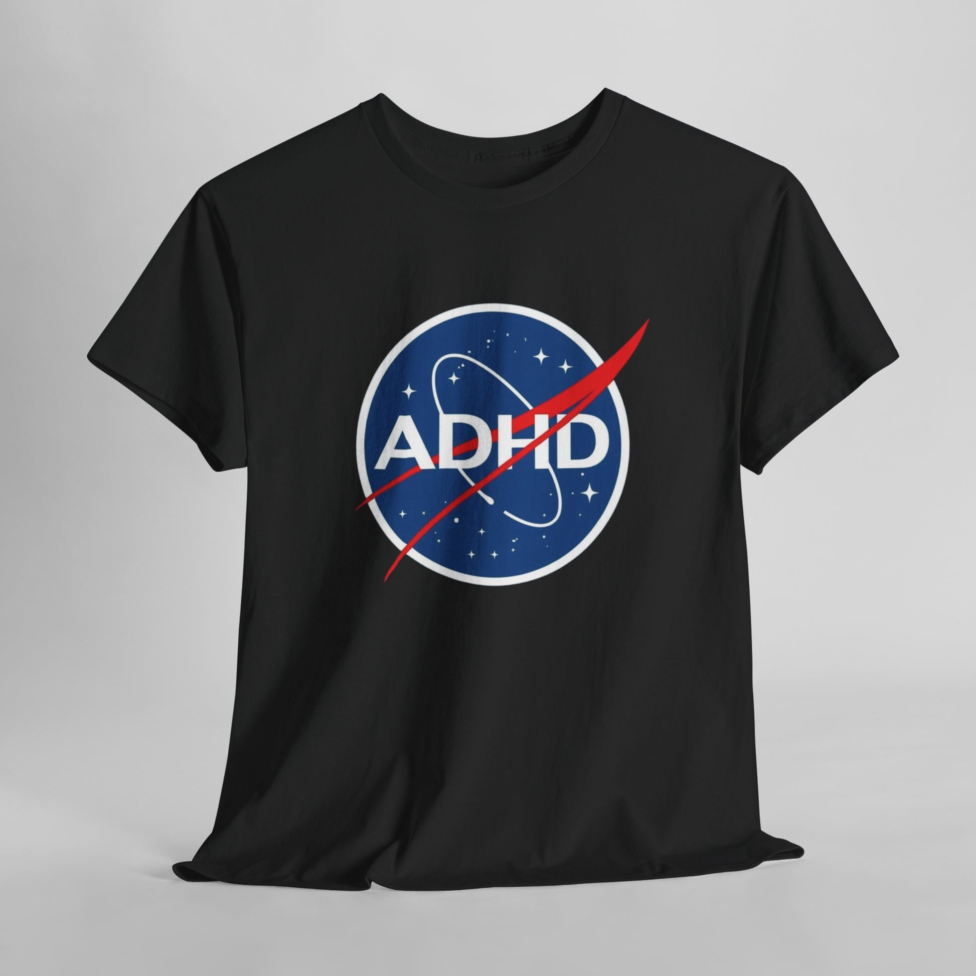 Hanging view of a black ADHD NASA parody T-shirt with a space-themed logo. Part of the Vivid Divergence Sensory Friendly Unisex Tees Range.