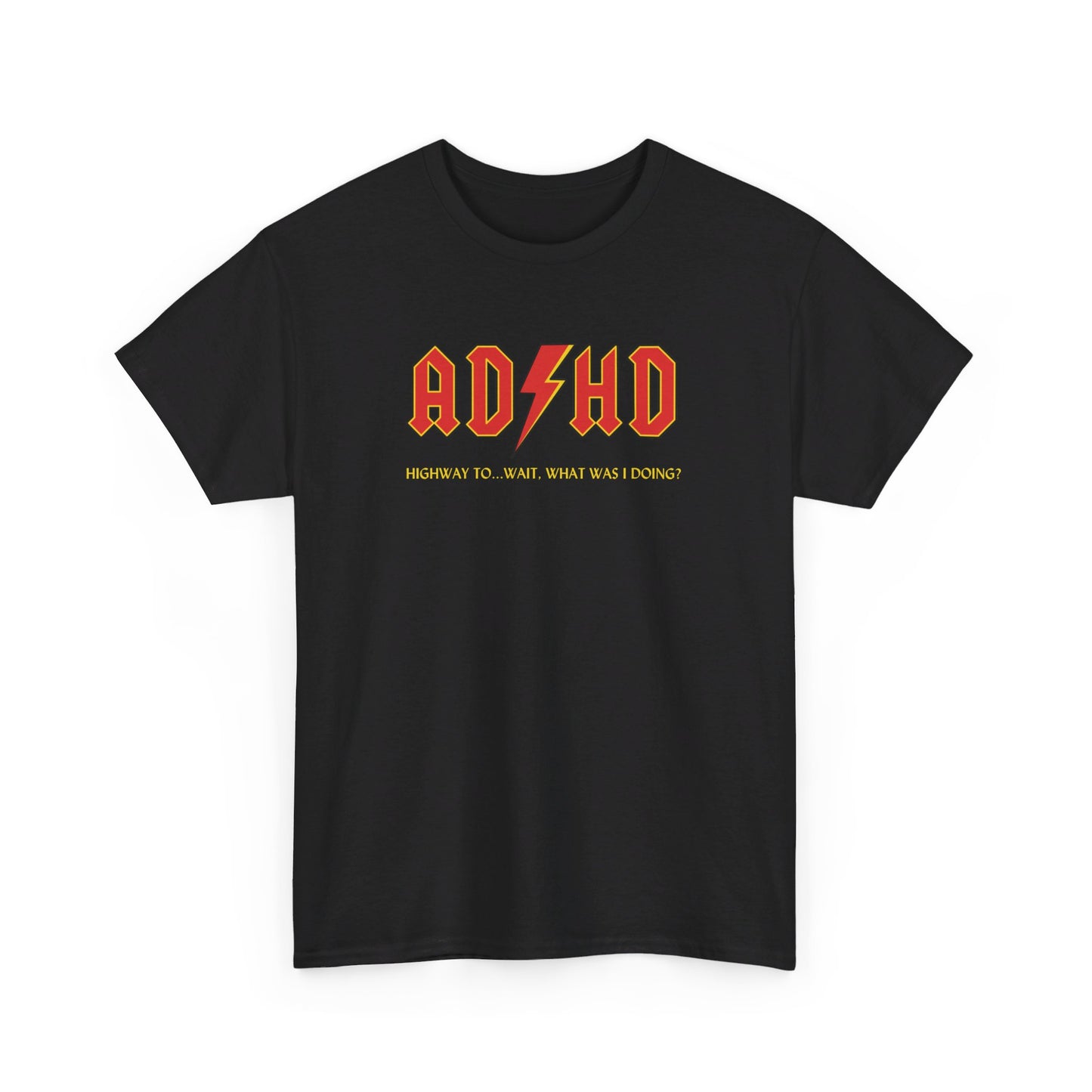 Front view of a black T-shirt with orange "AD/HD" text in a bold font, inspired by AC/DC. Part of the Vivid Divergence Sensory Friendly Unisex Tees Range.