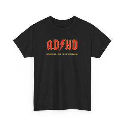 Front view of a black T-shirt with orange "AD/HD" text in a bold font, inspired by AC/DC. Part of the Vivid Divergence Sensory Friendly Unisex Tees Range.