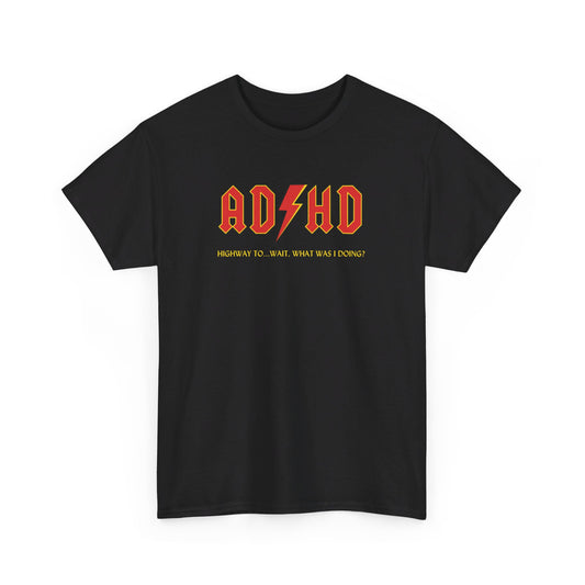 Front view of a black T-shirt with orange "AD/HD" text in a bold font, inspired by AC/DC. Part of the Vivid Divergence Sensory Friendly Unisex Tees Range.