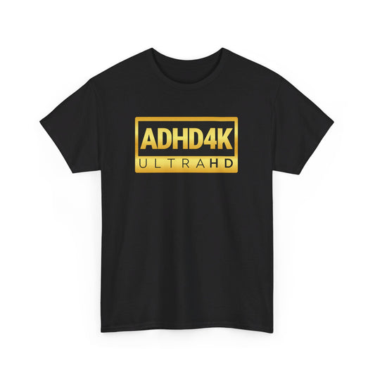 Front view of a black ADHD4K UltraHD T-shirt with yellow and white text. Part of the Vivid Divergence Sensory Friendly Unisex Tees Range.