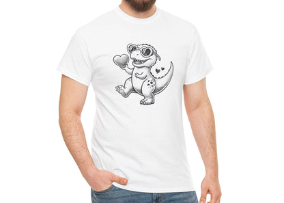 Man wearing a white T-shirt featuring a black-and-white cartoon dinosaur holding a heart, designed for Valentine’s Day. Exclusive release for Valentine’s Day. Part of the Vivid Divergence Sensory Friendly Unisex Tees Range.