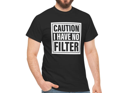 Front view of a black T-shirt with bold text "Caution: I Have No Filter" in white, worn by a model. Part of the Vivid Divergence Sensory Friendly Unisex Tees Range.