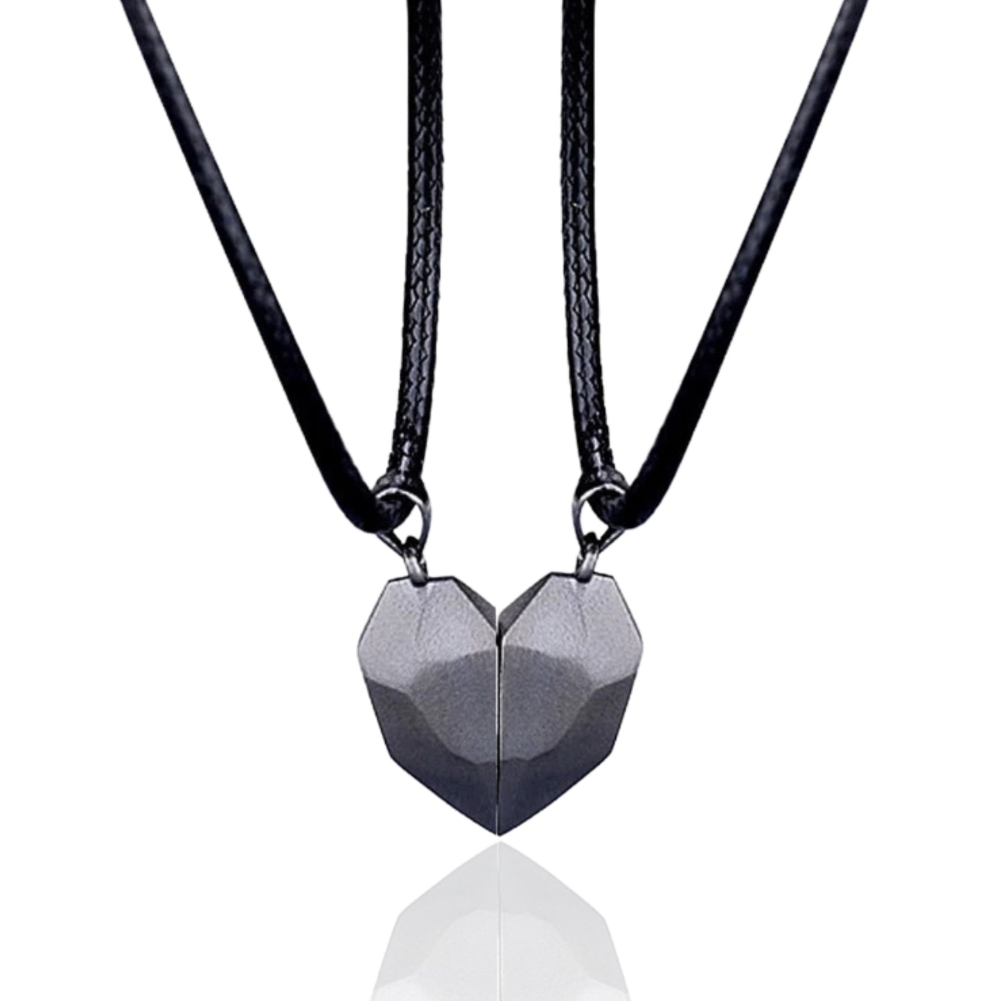 Two black cord necklaces forming a complete silver heart, a thoughtful necklace for a couple or best bff necklaces.