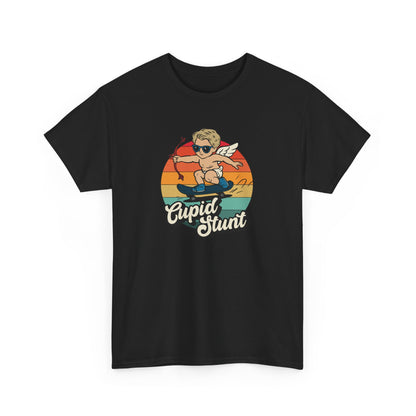 Front view of a black T-shirt featuring a retro sunset background and a cartoon cupid with the text "Cupid Stunt." Exclusive release for Valentine’s Day. Part of the Vivid Divergence Sensory Friendly Unisex Tees Range.