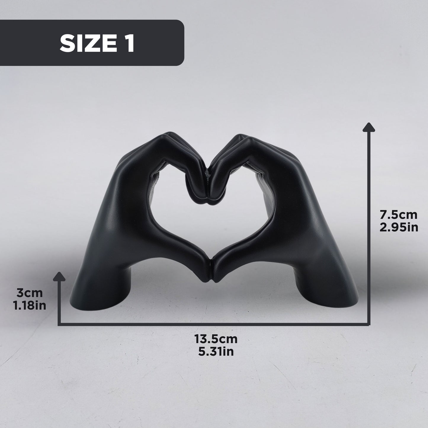 Black hand-shaped sculpture forming a heart with dimensions of 7.5 cm height, 13.5 cm width, and 3 cm depth for Size 1 selection. Stylish dopamine decor and a perfect gift for Valentine's Day.