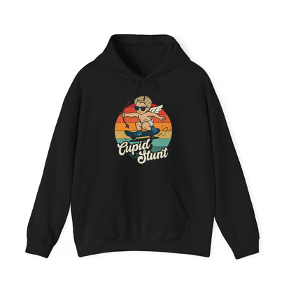 Front view of a black hoodie with a vintage sunset design featuring Cupid riding a skateboard and "Cupid Stunt" text. Exclusive release for Valentine's Day. Part of the Vivid Divergence Sensory Friendly Sweaters Range.