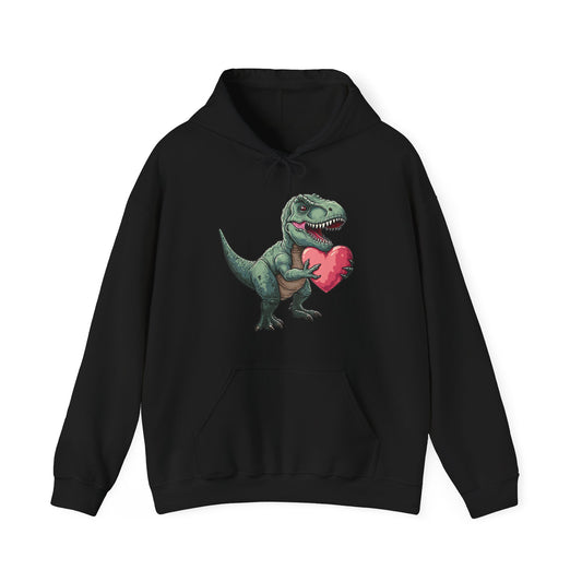 Front view of a black hoodie featuring a cute cartoon T-Rex holding a pink heart. Exclusive release for Valentine's Day. Part of the Vivid Divergence Sensory Friendly Sweaters Range.