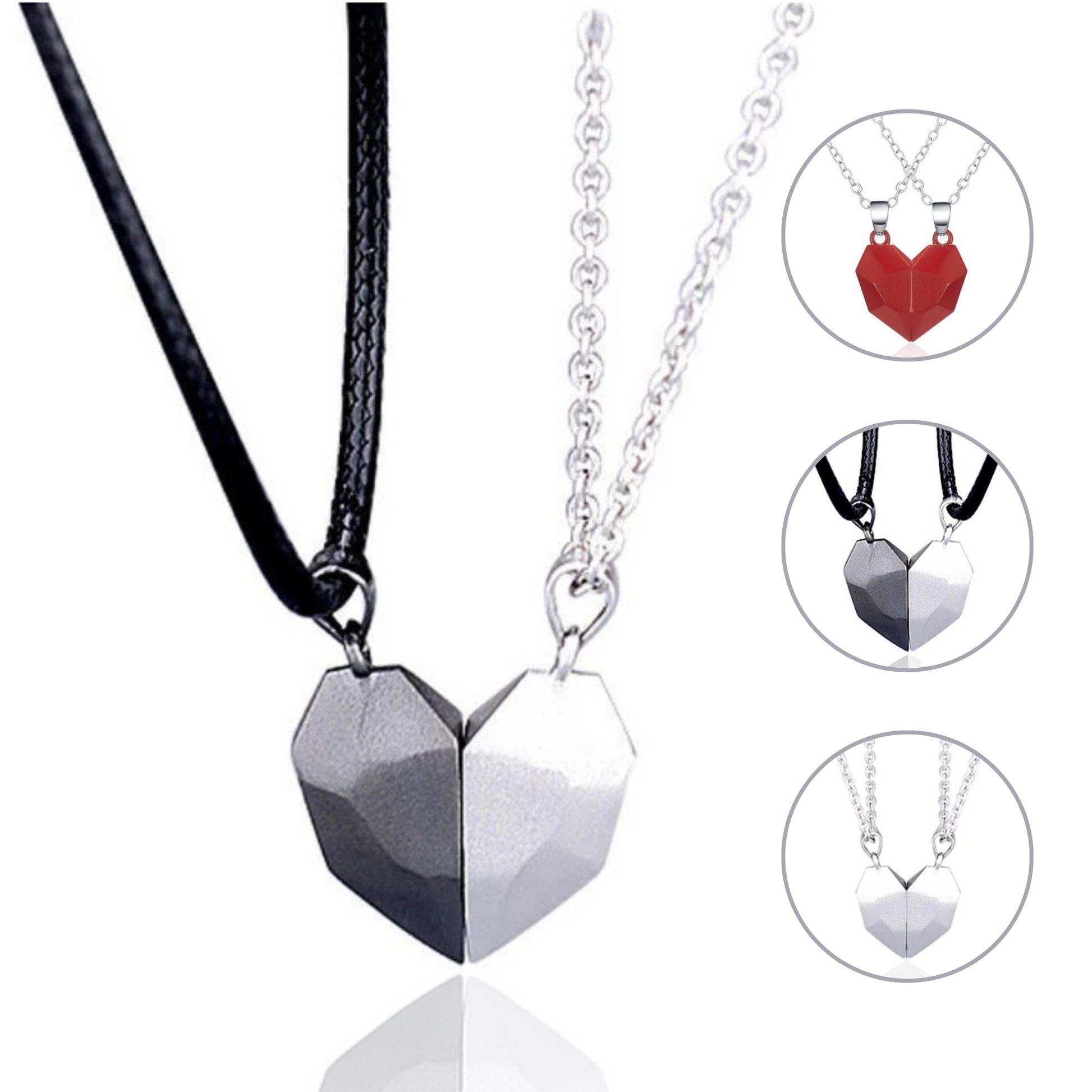 Close-up of black and silver matching necklaces forming a heart. Ideal as best bff necklaces or cool friendship necklaces.