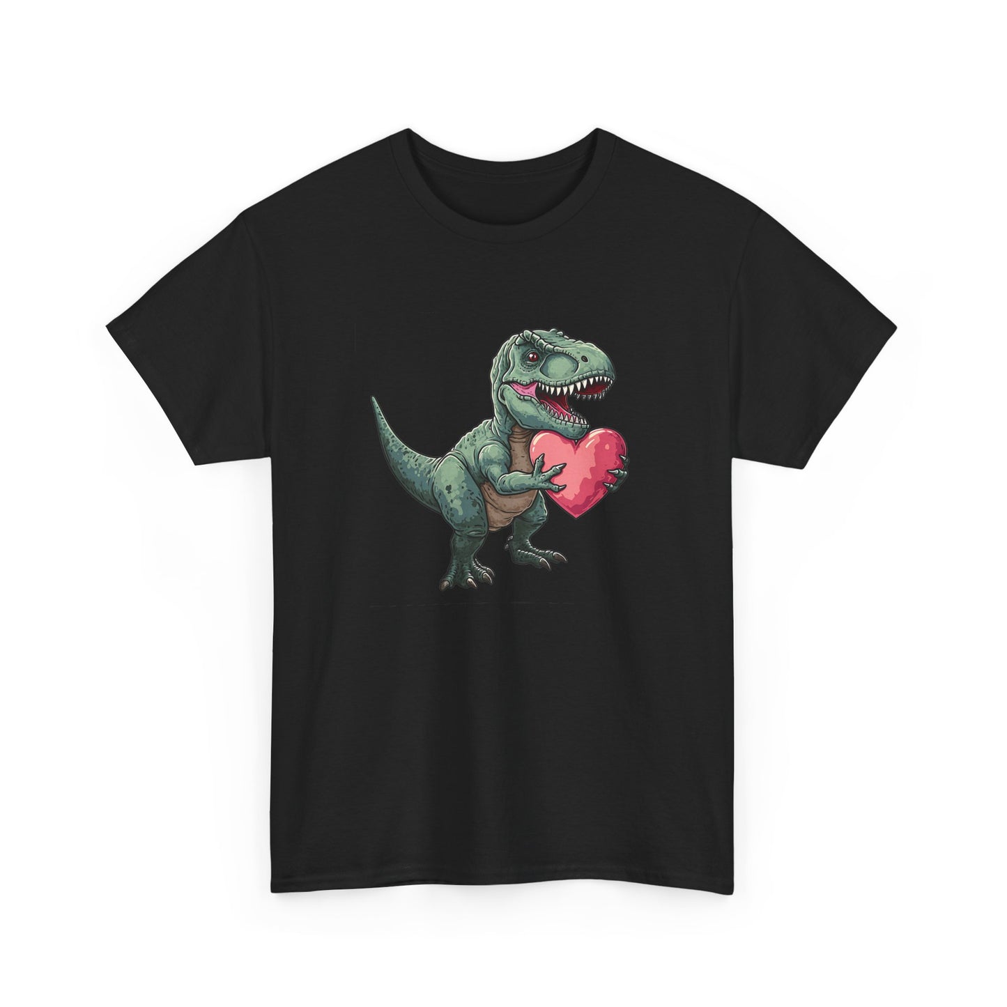 Front view of a black T-shirt featuring a playful T-Rex holding a pink heart. Part of the Vivid Divergence Sensory Friendly Unisex Tees Range.