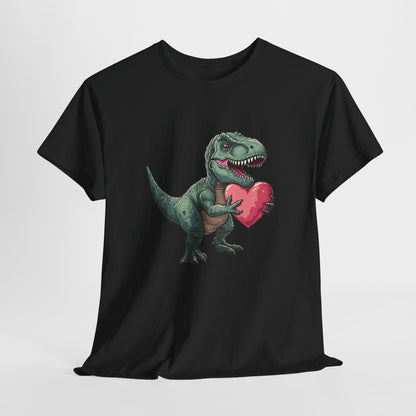 Hanging view of a black T-shirt featuring a playful T-Rex holding a pink heart. Part of the Vivid Divergence Sensory Friendly Unisex Tees Range.