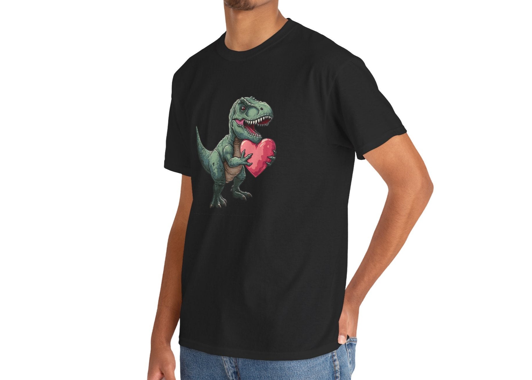 Modeled view of a black T-shirt featuring a playful T-Rex holding a pink heart. Part of the Vivid Divergence Sensory Friendly Unisex Tees Range.