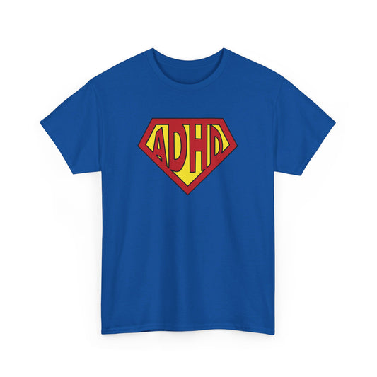 Front view of a blue T-shirt with a yellow and red ADHD logo styled in the Superman symbol. Part of the Vivid Divergence Sensory Friendly Unisex Tees Range.