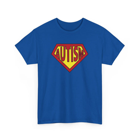 Front view of a blue Autism Superpower T-shirt with a Superman-inspired logo. Part of the Vivid Divergence Sensory Friendly Unisex Tees Range.