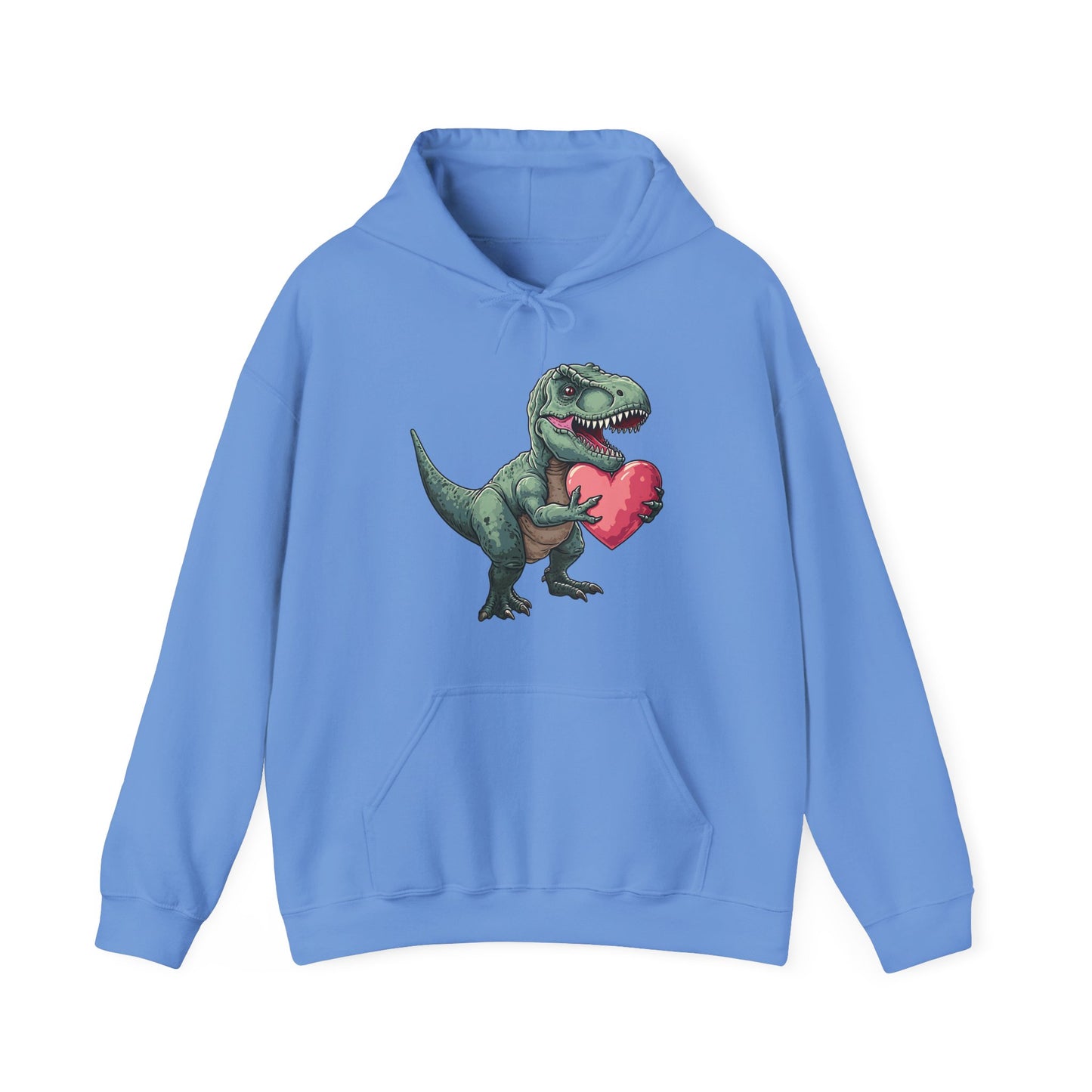 Front view of a blue hoodie featuring a cute cartoon T-Rex holding a pink heart. Exclusive release for Valentine's Day. Part of the Vivid Divergence Sensory Friendly Sweaters Range.