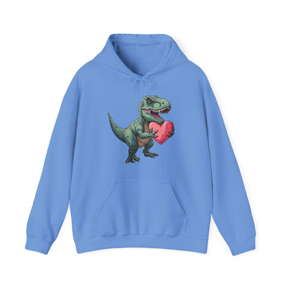 Front view of a blue hoodie featuring a cute cartoon T-Rex holding a pink heart. Exclusive release for Valentine's Day. Part of the Vivid Divergence Sensory Friendly Sweaters Range.