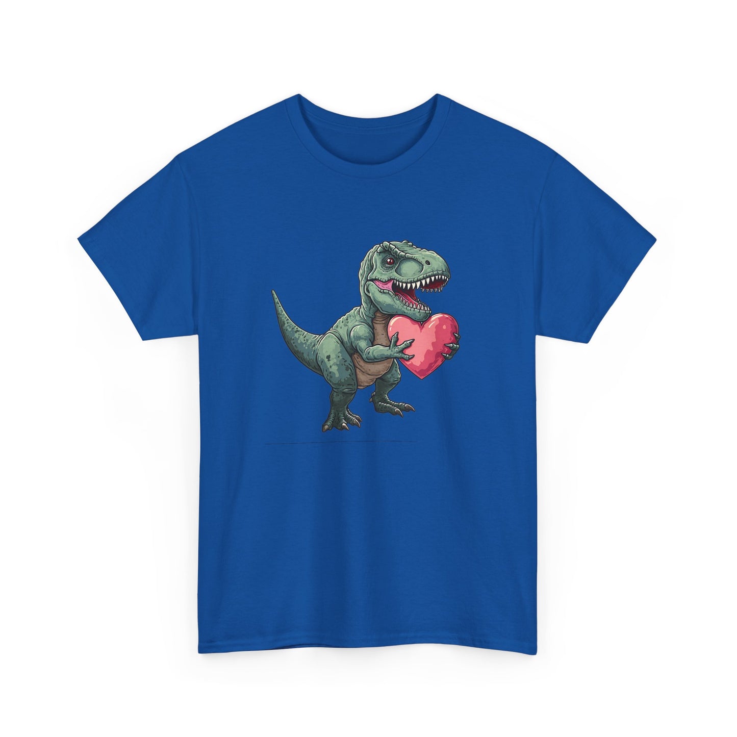 Front view of a blue T-shirt with a playful T-Rex holding a pink heart. Part of the Vivid Divergence Sensory Friendly Unisex Tees Range.