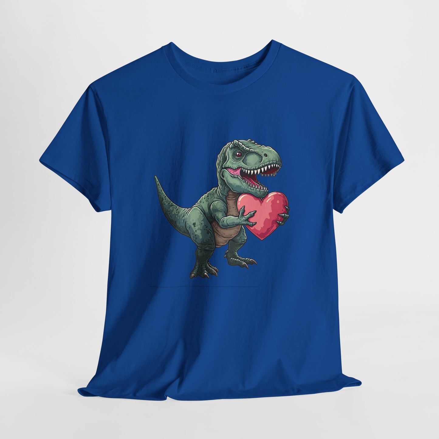 Hanging view of a blue T-shirt with a playful T-Rex holding a pink heart. Part of the Vivid Divergence Sensory Friendly Unisex Tees Range.