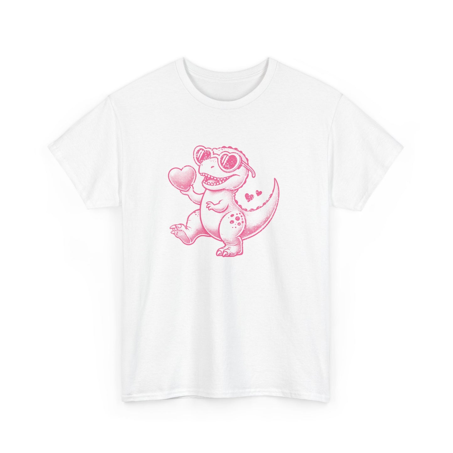 Front view of a white T-shirt featuring a bright pink cartoon dinosaur holding a heart, designed for Valentine’s Day. Exclusive release for Valentine’s Day. Part of the Vivid Divergence Sensory Friendly Unisex Tees Range.