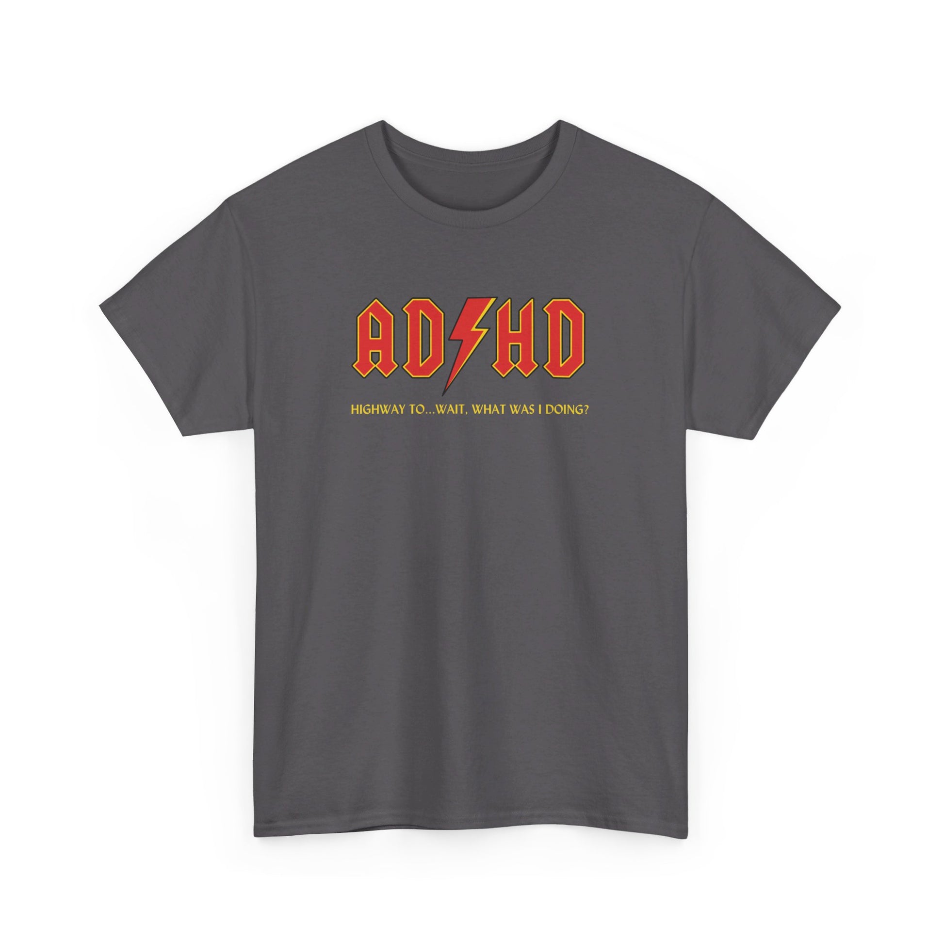 Front View of a charcoal gray T-shirt with orange "AD/HD" text in a bold font, inspired by AC/DC. Part of the Vivid Divergence Sensory Friendly Unisex Tees Range.