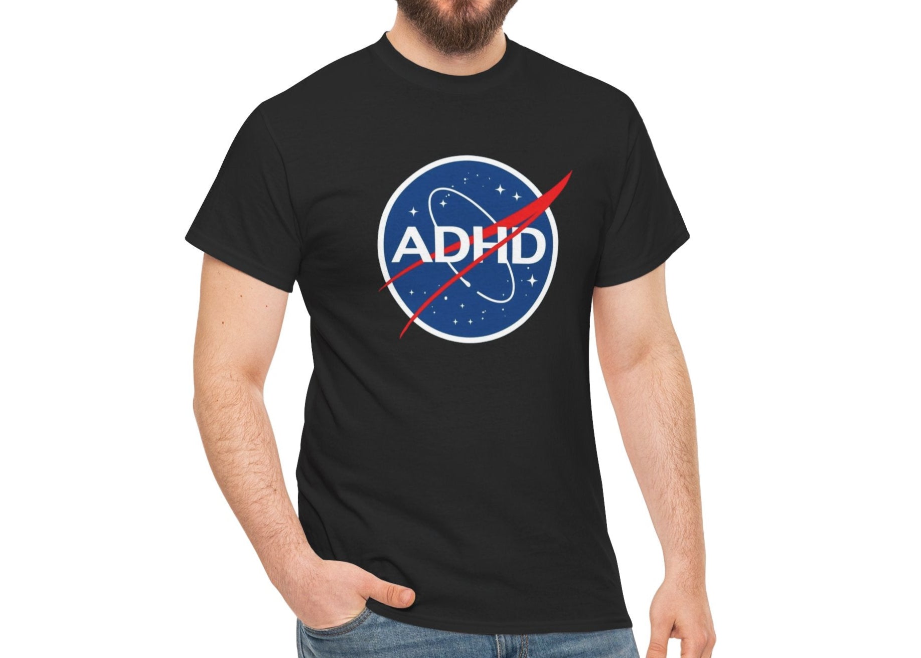 Close-up of a man wearing a black ADHD NASA parody T-shirt showcasing the logo. Part of the Vivid Divergence Sensory Friendly Unisex Tees Range.