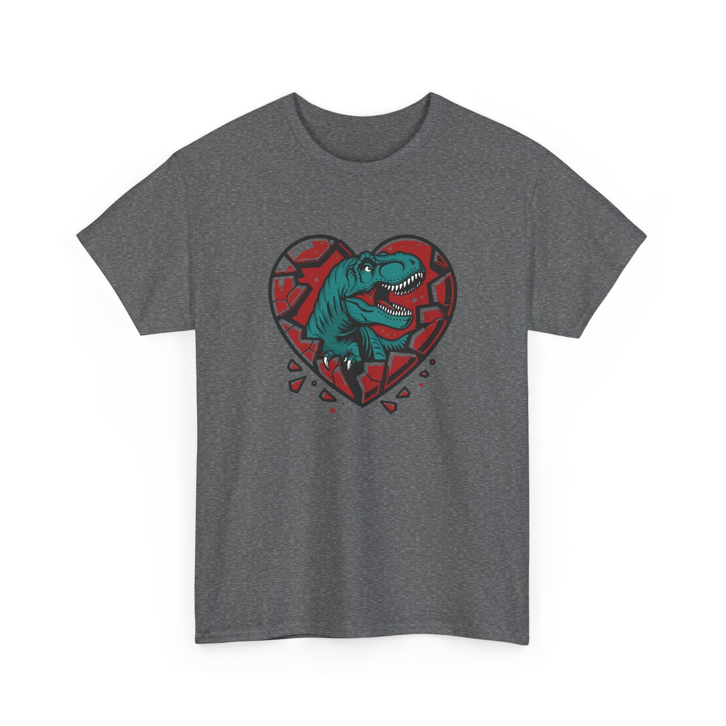 Front view of a dark gray T-shirt featuring a green dinosaur inside a cracked red heart with small black hearts around it. Exclusive release for Valentine’s Day. Part of the Vivid Divergence Sensory Friendly Unisex Tees Range.