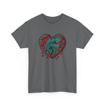 Front view of a dark gray T-shirt featuring a green dinosaur inside a cracked red heart with small black hearts around it. Exclusive release for Valentine’s Day. Part of the Vivid Divergence Sensory Friendly Unisex Tees Range.