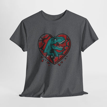 Hanging dark gray T-shirt featuring a green dinosaur inside a cracked red heart with small black hearts around it. Exclusive release for Valentine’s Day. Part of the Vivid Divergence Sensory Friendly Unisex Tees Range.