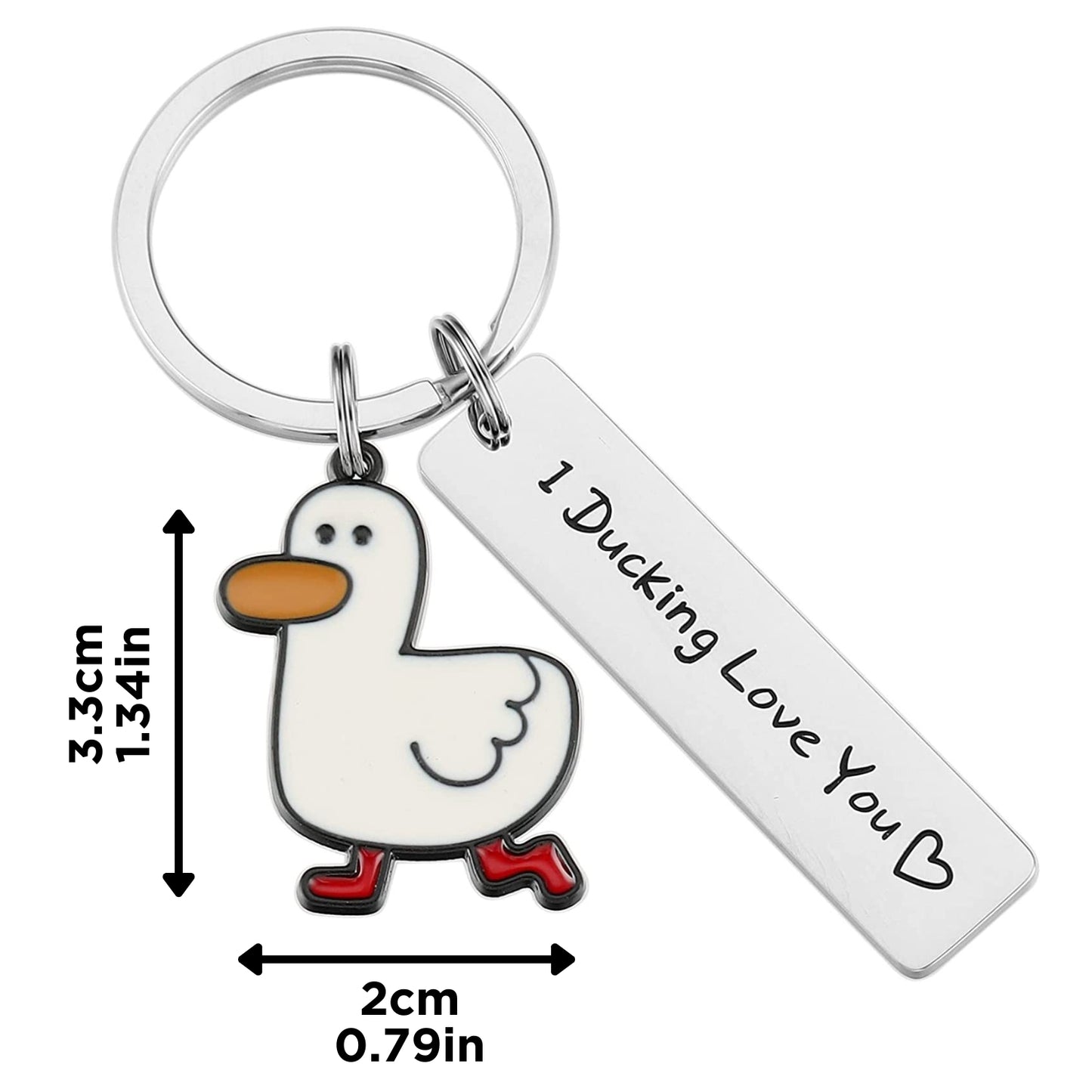 Close-up of duck keychain showing a white duck charm with red boots and dimensions listed beside the silver "I Ducking Love You ♥" tag.