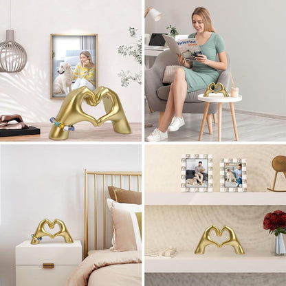 Gold hand-shaped sculpture forming a heart displayed in various home settings, including a bedside table, shelf, and coffee table. Elegant dopamine decor and an ideal gift for Valentine's Day.